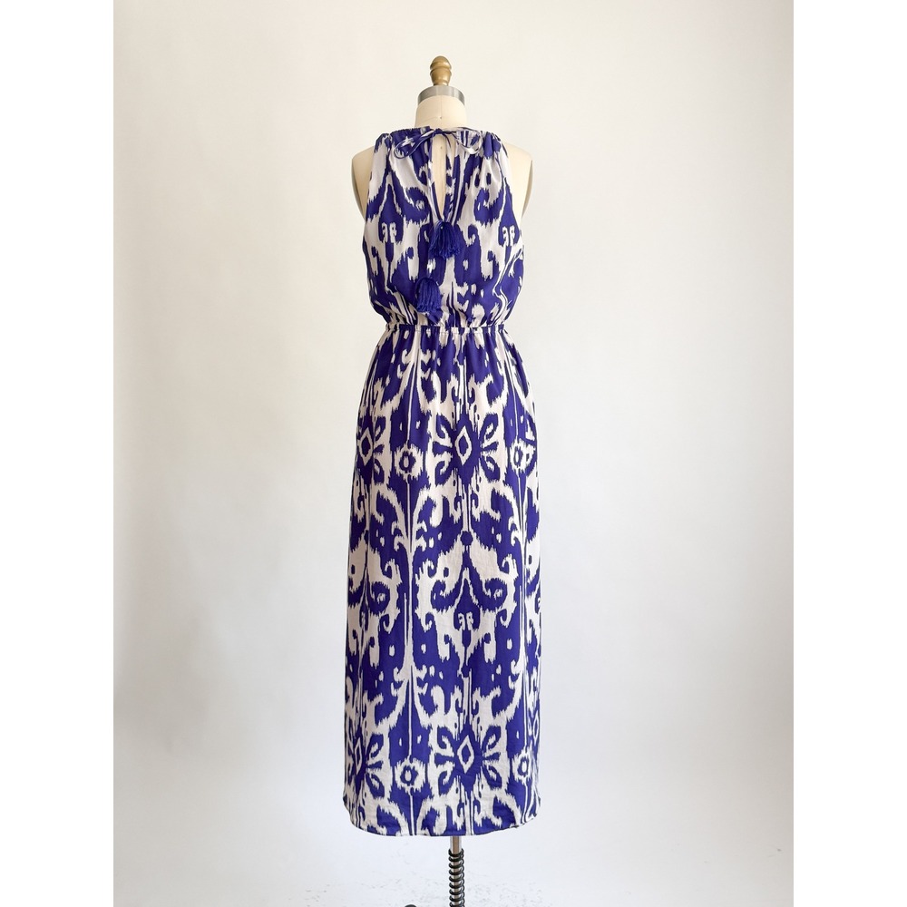 Bohemian Athleta Ikat Maxi Dress S Blue White Halter Tassel High Low Hem - Picture 6 of 9
